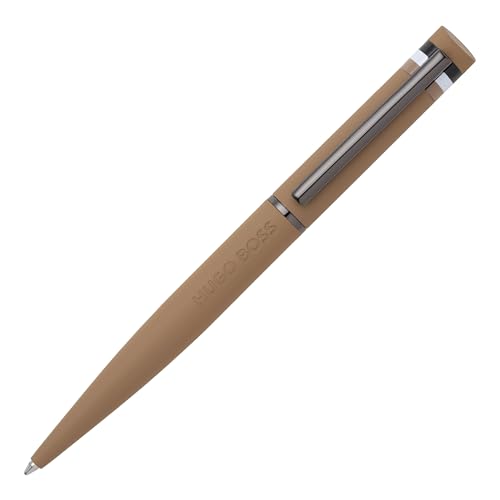 Hugo Boss Loop Iconic Kugelschreiber aus Messing und Gummi in der Farbe Camel, Länge: 14,6cm, Minenfarbe: Blau, HSG3524X