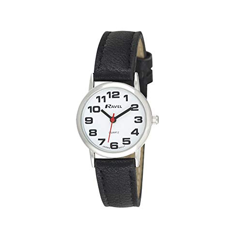 Ravel - Damen - Armbanduhr mit großen Ziffern - Schwarzes/silbernes Ton/weißes Zifferblatt