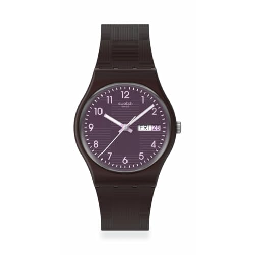 Swatch SO28C700 Analoge Uhr mit violettem Zifferblatt, dunkelbraunem Armband, Tag- und Datumsanzeige, Leuchtzeiger