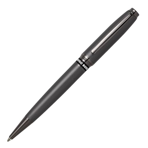 Hugo Boss Stream Kugelschreiber aus Messing in der Farbe Gun, Länge: 14,5cm, Minenfarbe: Blau, HSW3784D