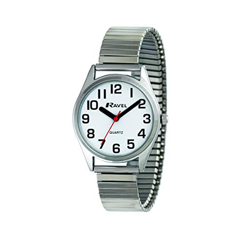Ravel - Unisex-Uhr mit superflachem Sichthilfe-Edelstahl-Expanderarmband mit großen Zahlen und Zeigern - silbernes Ton/weißes Zifferblatt