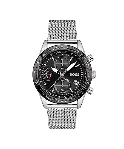 BOSS Chronograph Quarz Uhr für Herren mit Silbernes Edelstahl-Mesh-Gliederarmband - 1513886