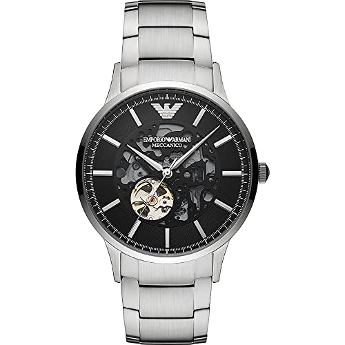 Emporio Armani Herren Automatik 3-Zeiger Edelstahluhr, 43 mm Gehäusegröße mit Edelstahlarmband