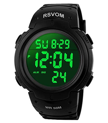 RSVOM Herren Digital Quarz Uhren mit Schwarz Silikon Armband 50M Wasserdicht Big Face Sport Armbanduhr mit Wecker Stoppuhr mit LED-Hintergrundbeleuchtung Digitaluhren für Männer