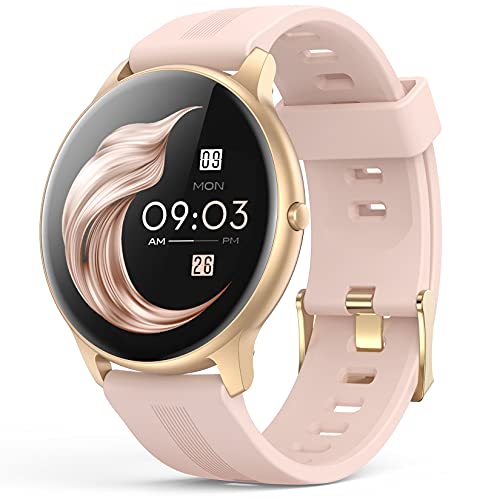 Smartwatch, AGPTEK 1,3 Zoll runde Armbanduhr mit personalisiertem Bildschirm, Musiksteuerung, Herzfrequenz, Schrittzähler, Kalorien, usw. IP68 Wasserdicht Fitness Tracker für iOS und Android, Rosa