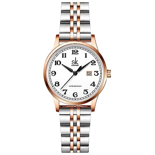 SHENGKE SK Klassische Business Damenuhren mit Edelstahlband und eleganter Damenuhr aus echtem Leder (Silver-Rosegold)