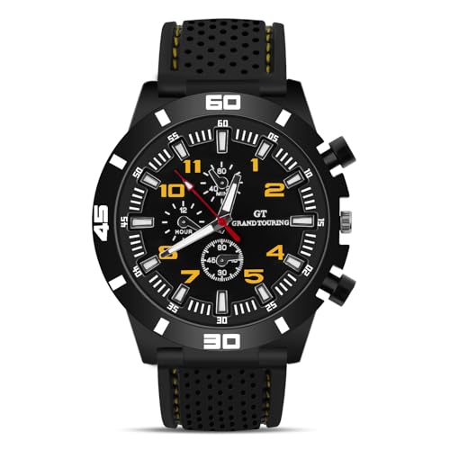 OFFCUP Herren Uhr Männer Analog Quarz Chronograph Silikon Armband, Armbanduhren Herren Uhren Herren Mode Casual Business Uhr für Herren Klassische Elegantes Geschenk -Gelb
