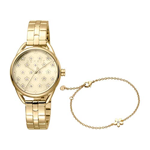 ESPRIT Uhr und Armband Debi Flowers S für Damen aus vergoldetem Edelstahl