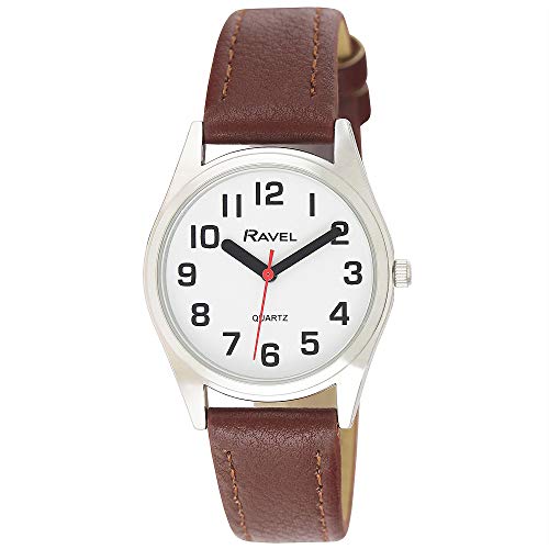 Ravel - Unisex-Armbanduhr mit Armband zur Sehhilfe mit großen Zahlen, Braun/silberfarben, Femme - 27mm Boîtier de montre, Riemen