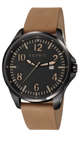 Esprit Tallac Brave Nubuck Herren-Quarzuhr mit schwarzem Zifferblatt, Analog-Anzeige und braunem Lederband, ES107601002, schwarz/braun, Armband