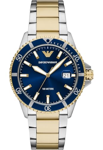 Emporio Armani Watch for Men, Quartz Movement and 42mm Case Size with Stainless Steel, Leather or Silicone Strap Blau und Silberton, 42MM