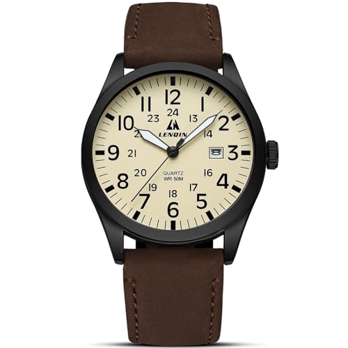LN LENQIN Uhren Herren Militär Uhr 30M wasserdichte Armbanduhr Herren Analog Quarz Uhren für Männer mit Datum Feld Uhr Taktische Uhr Leder Band