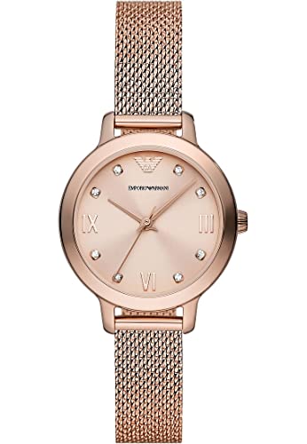 Emporio Armani Uhr für Damen , Dreizeiger Uhrwerk, 32MM Rose Gold Recycled Edelstahl (Mindestens 50%) Gehäuse mit einem EdelstahlMeshArmband, AR11512