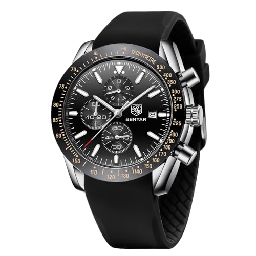 BENYAR Uhren Herren Chronograph Analog Quarz Armbanduhr Herren Wasserdicht Leuchtende Datum Silikon Herrenuhr Mode Lässig Sport Business-Kleid Uhren fur Männer Elegantes Geschenk