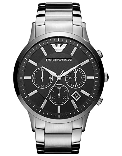 Emporio Armani Herrenuhr , QuarzChronographenwerk, 46mm Silbernes Edelstahlgehäuse mit Edelstahlarmband, AR2460