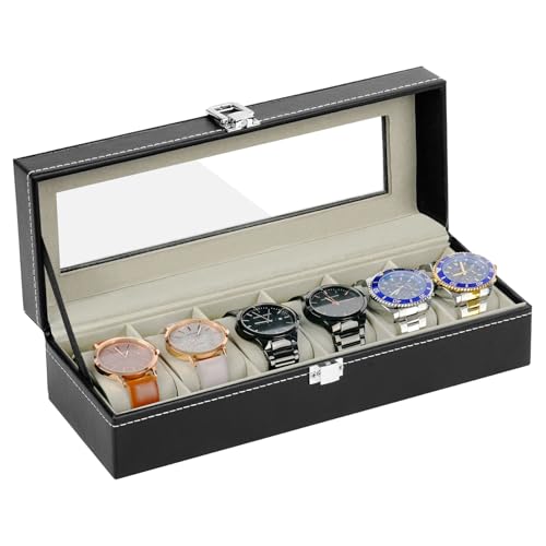 OFFCUP Uhrenbox mit 6 Fächern, Uhrenkasten mit Glasdeckel, Uhrenkoffer mit Herausnehmbaren Uhrenkissen, Metallverschluss, Uhrenschatulle aus PU für Schmuck, Ringe, Armbänder und Halsketten, Schwarz