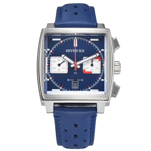 SEVEN XII Quadratische Automatik-Chronograph-Uhr für Herren, selbstaufziehend, Saphirglas, Business, klassisch, leuchtend, Sport-Armbanduhr mit Lederband, S003, Blau, Modern