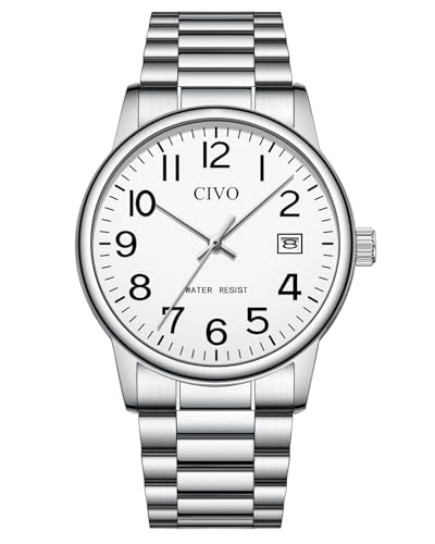 CIVO Uhren Herren Silber Armbanduhr: Wasserdicht Männer Uhr Weiß Ziffernblatt Klassisch - Edelstahl Herren Uhr Analog Quarz mit Datum
