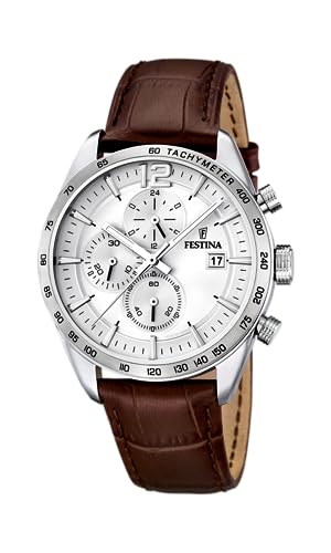 Festina Uhr Für Herren F16760/1 Timeless Chronograph Silber Edelstahl Case BraunLeder Band