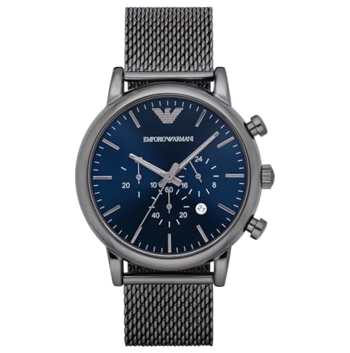 Emporio Armani Watch For Men, Chronograph Movement and 46mm Case Size with Stainless steel, Leather or Silicone strap Dunkelgrau und Dunkelblau , 46MM