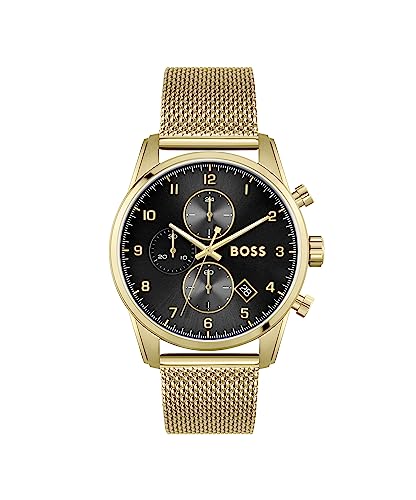BOSS Chronograph Quarz Uhr für Herren mit Gelbgoldfarbenes Edelstahl-Mesh-Gliederarmband - 1513838