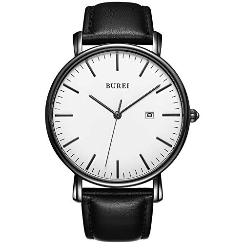 BUREI Herrenuhr, Minimalistisch Analog Quarz Uhr Wasserdicht Ultradünne Herrenuhr Lederarmbanduhr, Männergeschenk.