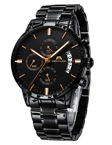 MEGALITH Herrenuhr Schwarz Edelstahl Militär Chronographen Herren Armbanduhr Wasserdicht Analog Uhren fur Männer Großes Ziffernblatt Leuchtende Datum