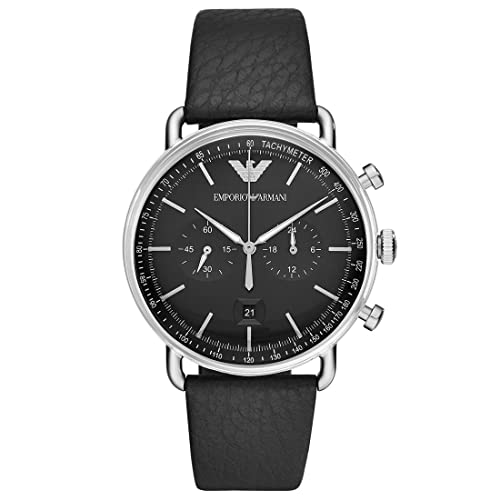 Emporio Armani Herrenuhr , Chronographenwerk, 43mm Silbernes Edelstahlgehäuse mit Lederarmband, AR11143