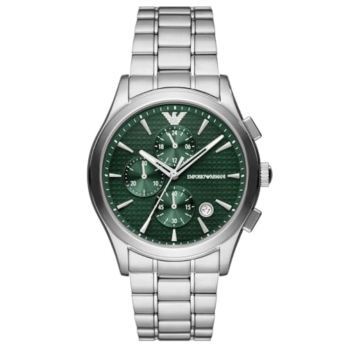 Emporio Armani Herrenuhr , Chronographenwerk, 42MM Silbernes Gehäuse aus recyceltem Edelstahl (Mindestens 50%) mit einem Armband aus recyceltem Edelstahl (Mindestens 50%), AR11529