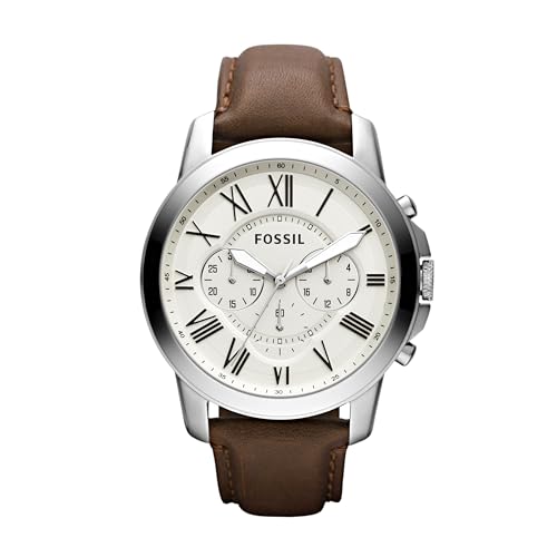 Fossil Grant uhr für Herren, Quarz-Chronographenwerk, mit Edelstahl- oder Lederarmband, Weiß und Braun, 44MM