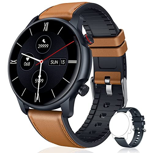 Smartwatch Herren Fitnessuhr Armbanduhr Uhr - 1,32 Zoll Runde Männer Sportuhr Wasserdicht ip68 Schrittzähler Blutdruckmessung Pulsmesser Kalorienzähler Bluetooth Kompatibel Android mit ios (Braun)