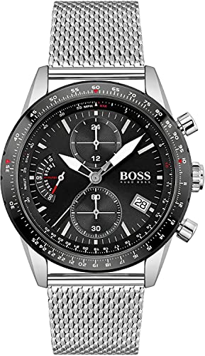 BOSS Chronograph Quarz Uhr für Herren mit Silbernes Edelstahl-Mesh-Gliederarmband - 1513886
