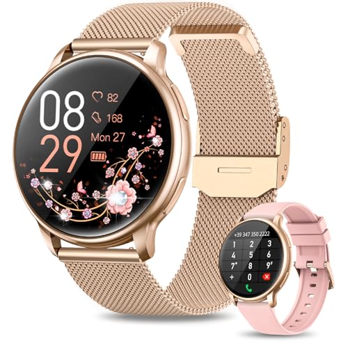 RUXINGX Smartwatch Damen mit Telefonfunktion 1.32' HD Voll Touch Screen, Armbanduhr mit SpO2 Pulsuhr Menstruationszyklus Schlafmonitor Schrittzähler Kalorien Fitness Tracker IP68 iOS Android Roségold