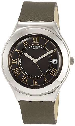 Swatch Herren Analog Quarz Uhr mit Leder Armband YGS477