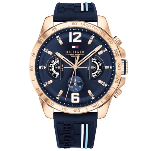 Tommy Hilfiger Analoge Multifunktionale Quarz-Uhr für Herren 46mm - Marineblaues Zifferblatt mit Silikonarmband, Funktionen für Tag, Datum und 24 Stunden, Wasserdicht bis 5ATM - 1791474