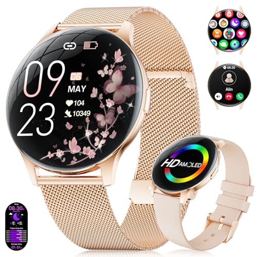 Smartwatch Damen 2025 mit Anrufen - 7,99 mm Ultra-Dünne Elegante Fitness Armbanduhr mit 1,43 Zoll HD Always-On Display, IP68 Wasserdicht, 100+ Sportmodi, Frauengesundheit für iOS Android, Roségold