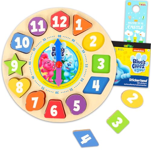 Blue's Clues Holzform-Sortierspiel für Kleinkinder, Kinder - Lernspielzeug-Bundle mit Holzuhr-Puzzle, Aufklebern, mehr | Blue's Clues Puzzle für Jungen, Mädchen