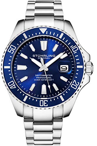 Stuhrling Original Herren Taucheruhr 42mm Edelstahl Blaues Zifferblatt, Edelstahl Armband, Wasserdicht bis 100 Meter
