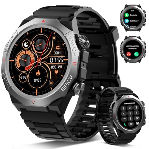 Militär Smartwatch Herren Damen, Smart Watch mitTelefonfunktion 1,39' Touchscreen, Herzfrequenzmonitor Schlafmonitor IP68 Wasserdicht Sportuhr, 110+ Sportmodi Fitnessuhr für iOS Android, Schwarz