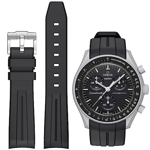 Ersatz-Uhrenarmband für MoonSwatch, gebogen, keine Lücken, Gummi-Armband, kompatibel mit Omega X Swatch MoonSwatch Speedmaster, Rolex, SEIKO, 20 mm Uhr, Schwarz