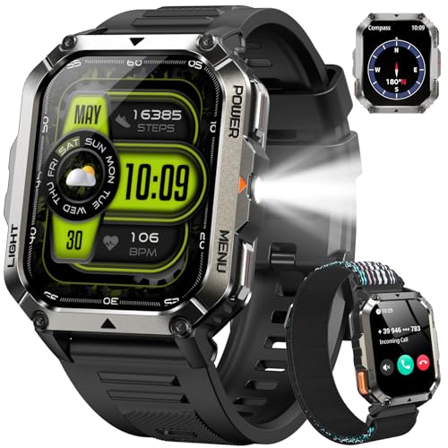 IOWODO Militär Smartwatch Herren 2,01 Zoll | LED Taschenlampe & Kompass | 900mAh/100 Tage Standby | 2 Armbänder | Bluetooth Anrufe | 100+ Sportmodi | IP68 Wasserdicht | 24/7 Gesundheitsmonitor