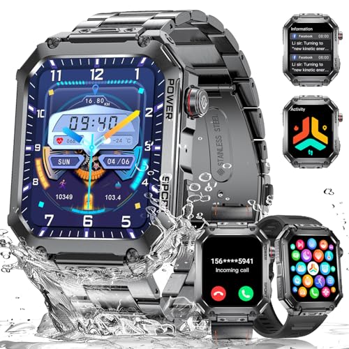 LIGE Militär Smartwatch Herren mit Telefonfunktion(3 Bänder),1.96‘’ HD Stahlgear Smartwatch mit 400mAh 5ATM Wasserdicht 100+ Sportmodi Fitnessuhr Smart Watch mit Schrittzähler Pulsmesser Schlafmonitor