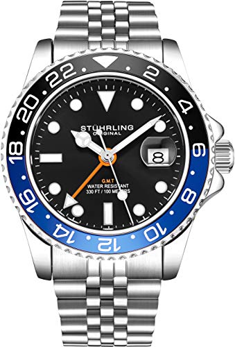 Stuhrling Original Herren Edelstahl Jubiläumsarmband GMT Uhr - Schweizer Quarz, Dual Time, Quickset Datum mit verschraubter Krone, wasserdicht bis 10 ATM