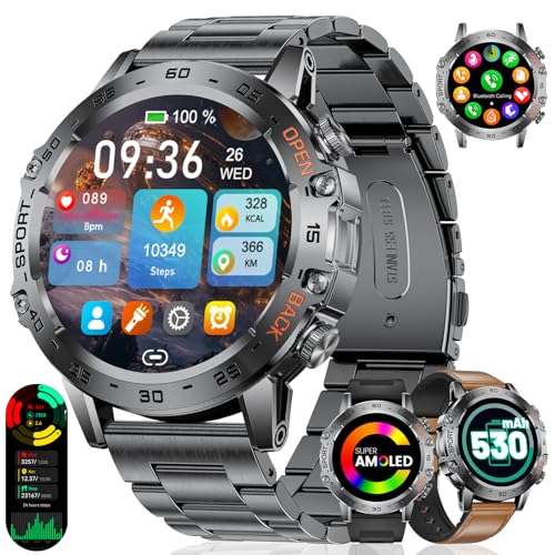 LIGE FV10 Smartwatch Herren Militär 530mAh Akku, 1,45'' AMOLED Display Fitnessuhr mit Telefonfunktion, 100+ Trainingsmodi, 24/7 Herzfrequenz/Schlafüberwachung/3ATM Wasserdicht für Android iOS,Schwarz
