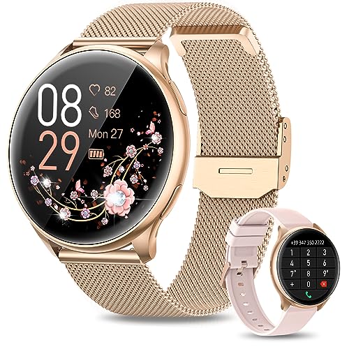 RUXINGX Smartwatch Damen mit Telefonfunktion 1.32' HD Voll Touch Screen, Armbanduhr mit SpO2 Pulsuhr Menstruationszyklus Schlafmonitor Schrittzähler Kalorien Fitness Tracker IP68 iOS Android Roségold