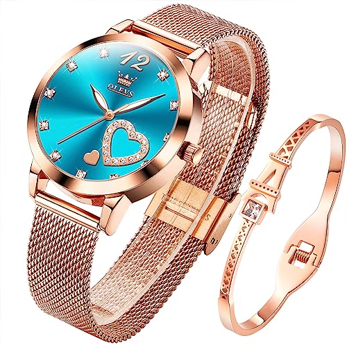 OLEVS Damenuhr Roségold mit Herz Diamant Blau Gesicht Armbanduhr wasserdicht Armreif Armband Set Armbanduhren für Damen